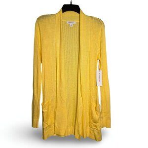 Liz Claiborne Cardigan Sweater Womens XL Yellow Open Front Ribbed Knit Pockets